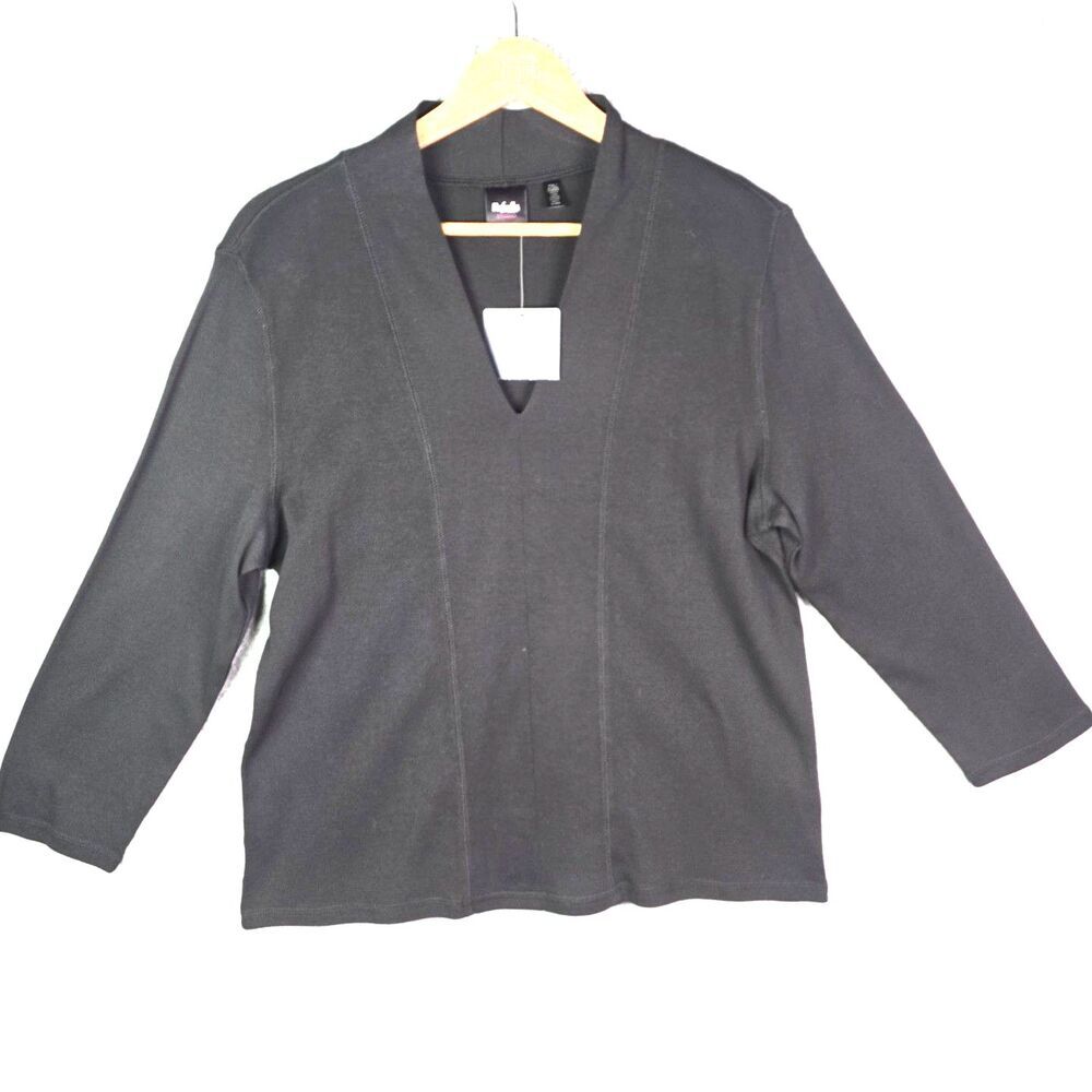 Rafaella Studio Black V Neck Top PXL 100% Cotton 3 4 Sleeve Minimalist